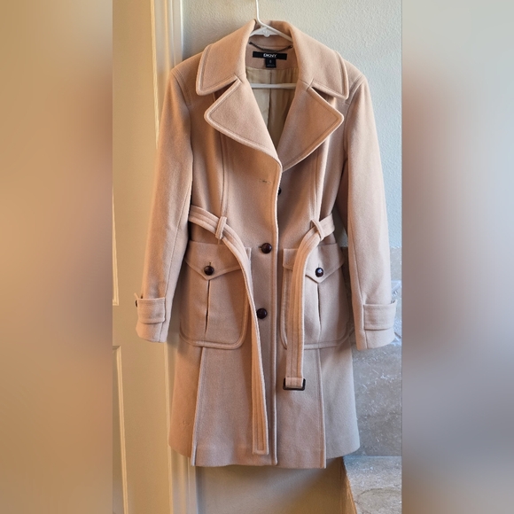 DKNYC Vintage Camel Wool Coat Belted Pockets Old Money Quiet Luxury Minimalist 6 - Picture 2 of 9